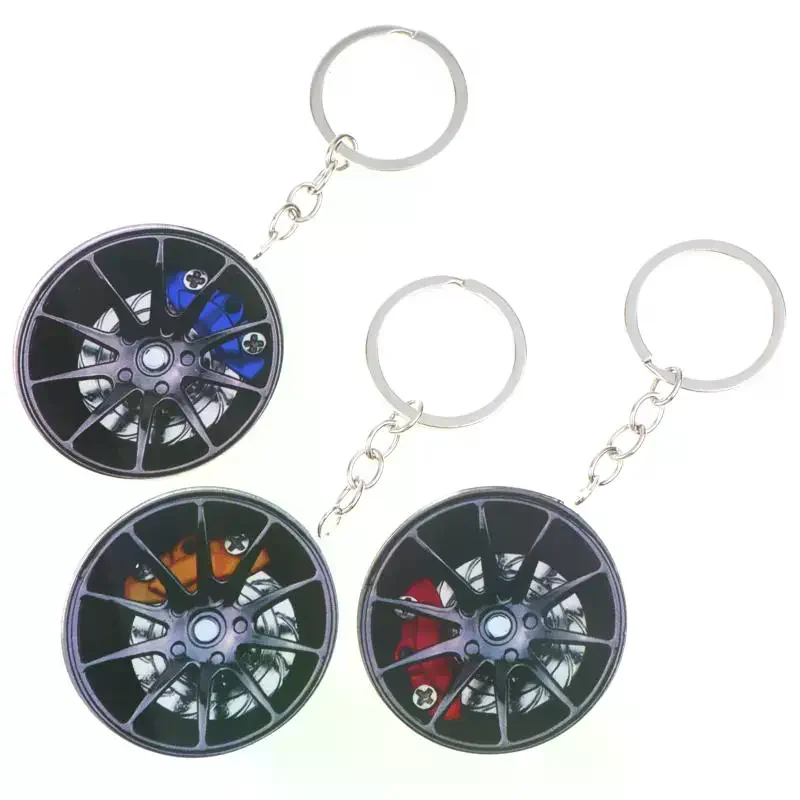 Creative Rotatable Car Wheel Rim Keychain 2D Acrylic Brake Caliper Keyring Bag Pendant Hanging Decor For Car Enthusiasts Gifts