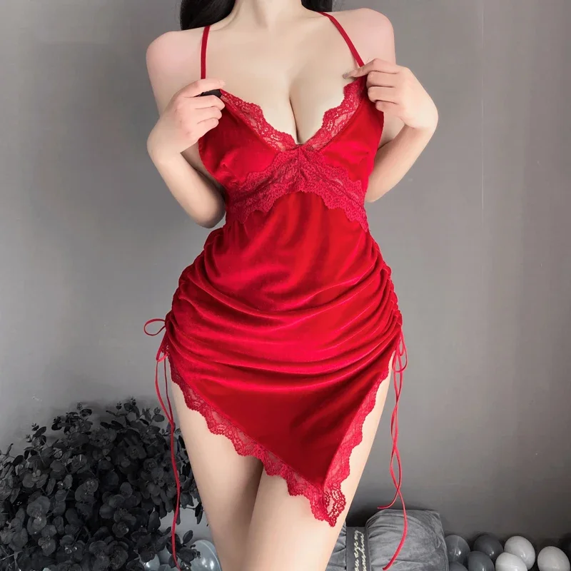 Women Lace Sexy Lingerie Red Nightdress V-Neck Temptation Sleeping Dress Sling Exotic Apparel Dress Charming Velvet Nightgown