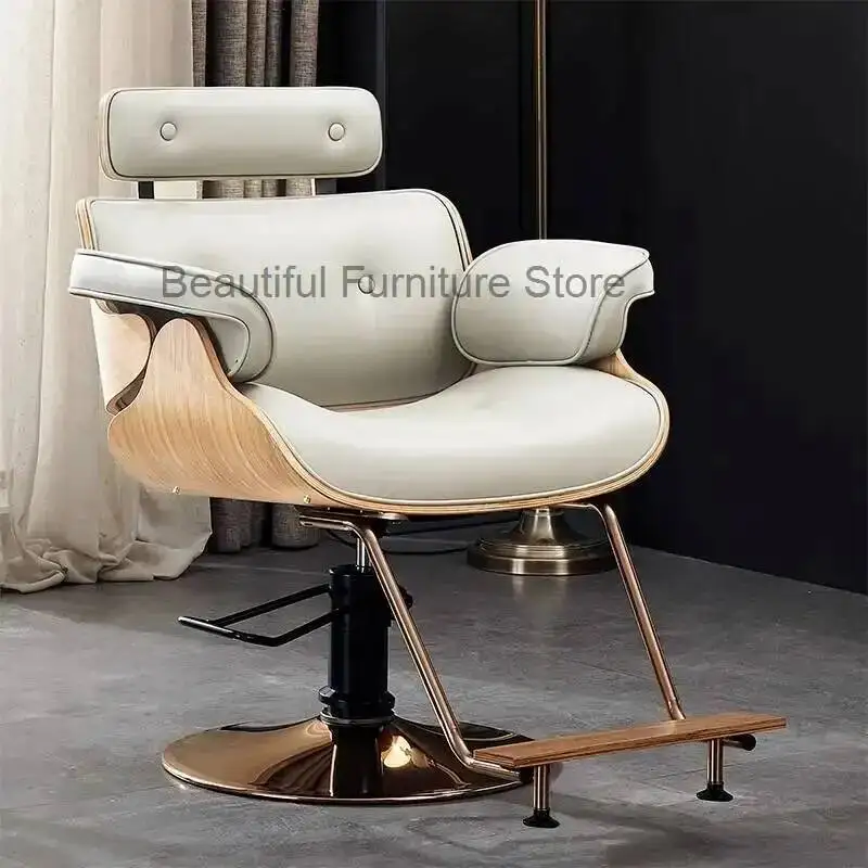 

Salon Hair Chair Lie Flat Hair Barbershop Lifting Luxury Salon Beautify Special Rotation Walnut Leather Chair Manufacturer Sale
