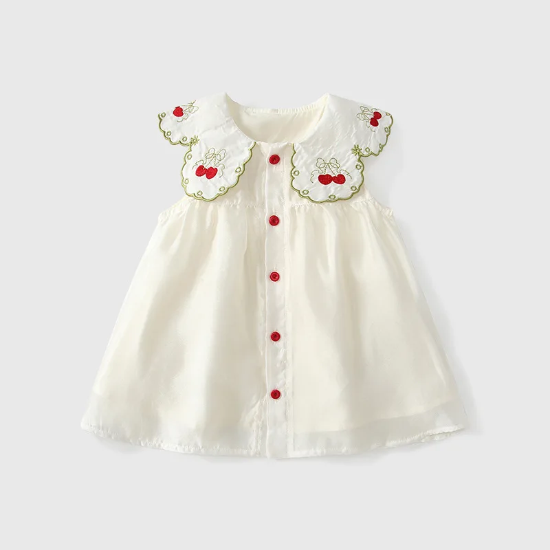 Summer Baby Girls Sleeveless Cherry Mesh Princess Front Open Button Sweet Baby Girl Vest Skirt Dress 1-3 Years Casual Dresses