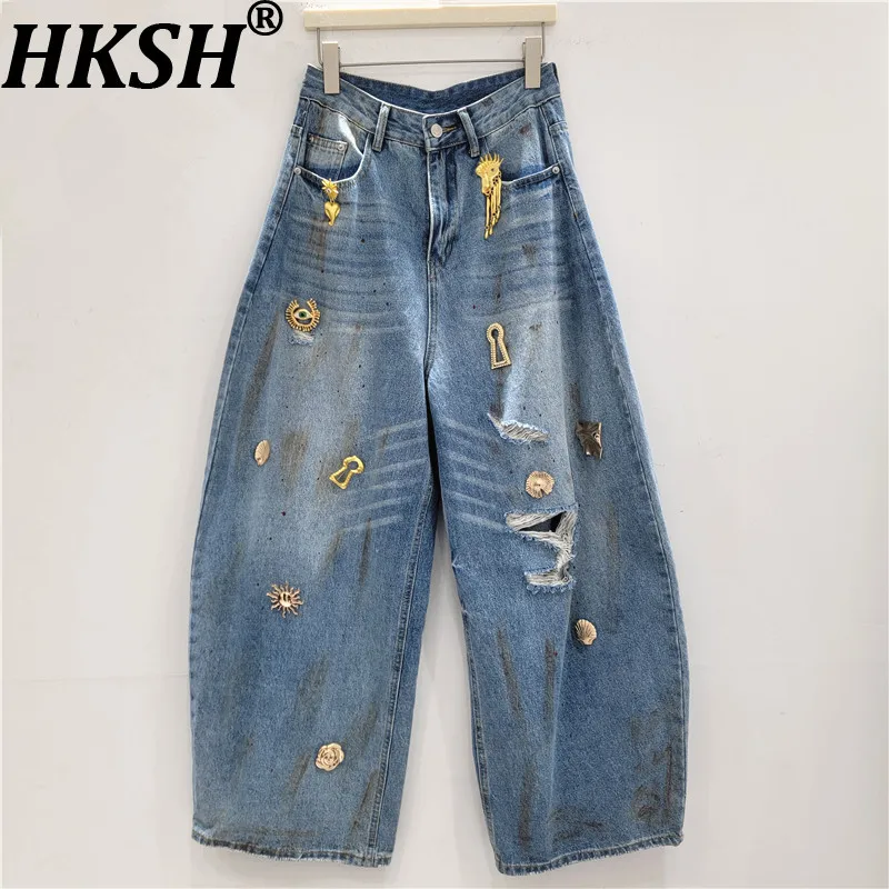 HKSH Women Jeans American Retro Metal Decor Ripped Distressed Casual Wide Leg Denim Pants Streetwear Y2K New Spring 2026 HK19234