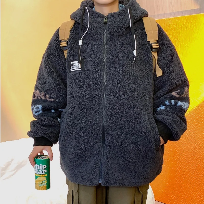 

Lamb Fur Jaet Men's Thiened Fce Warm Cotton Coat Trendy High-End Feeling Lamb Velvet Cotton Jaet for Men Winter Casual