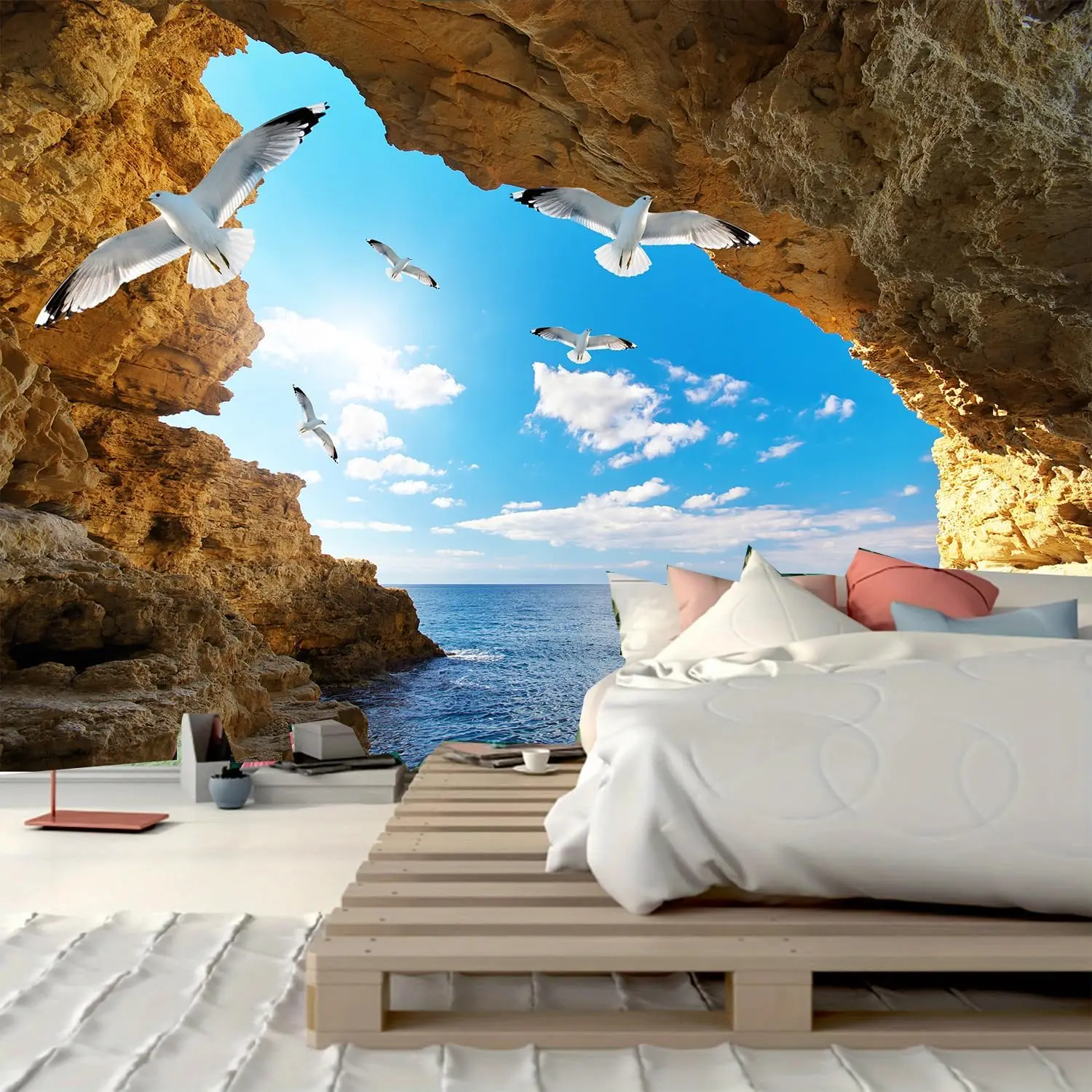 Sea Cave Tapestry Wall Hanging Blue Ocean Sea Scenic Tapestries Seagull Nature Landscape Beach Island Large Wall Tapestry for