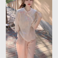 BESTBAFU Chinese Style Frog Flower Embroidered Shirt+Lace Patchwork Pants Set Women Summer Elegant Office Suit 2-Piece Set 515P