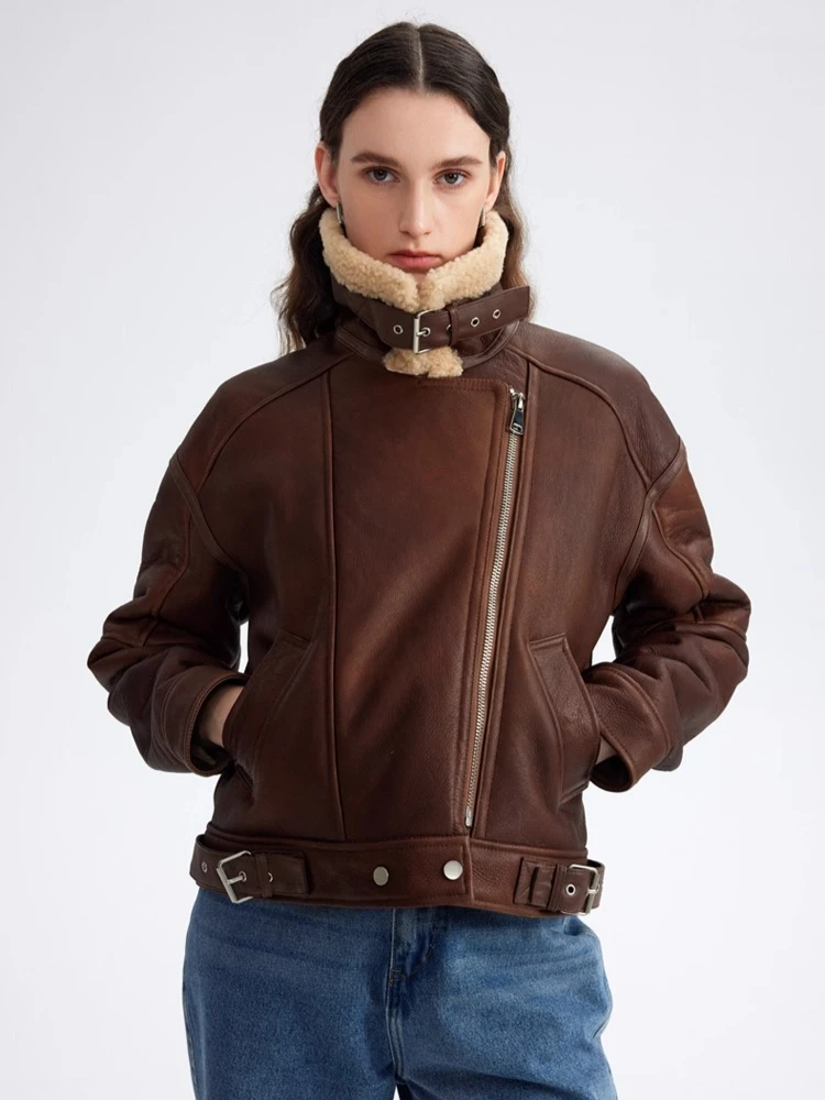 

High-end Luxury Merino Sheep Fur Winter Motorcycle Jackets for Women Simple Classic Vintage Short Genuine Leather Real Fur Coat