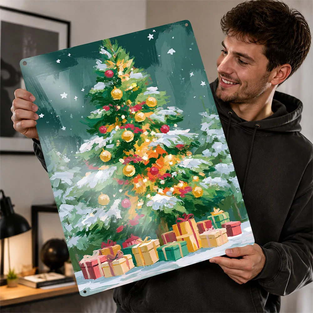 Christmas Tree With Wrapped Gifts Printed Poster Personalized Aluminum Metal Sign Vivid Cozy Yuletide Wall Art For Winter Fans
