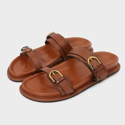 Casual Flat Women Beach Slippers Outdoor Thick Bottom Female Summer Slides Metal Buckle Soft Leather Walking Ladies Roman Shoes