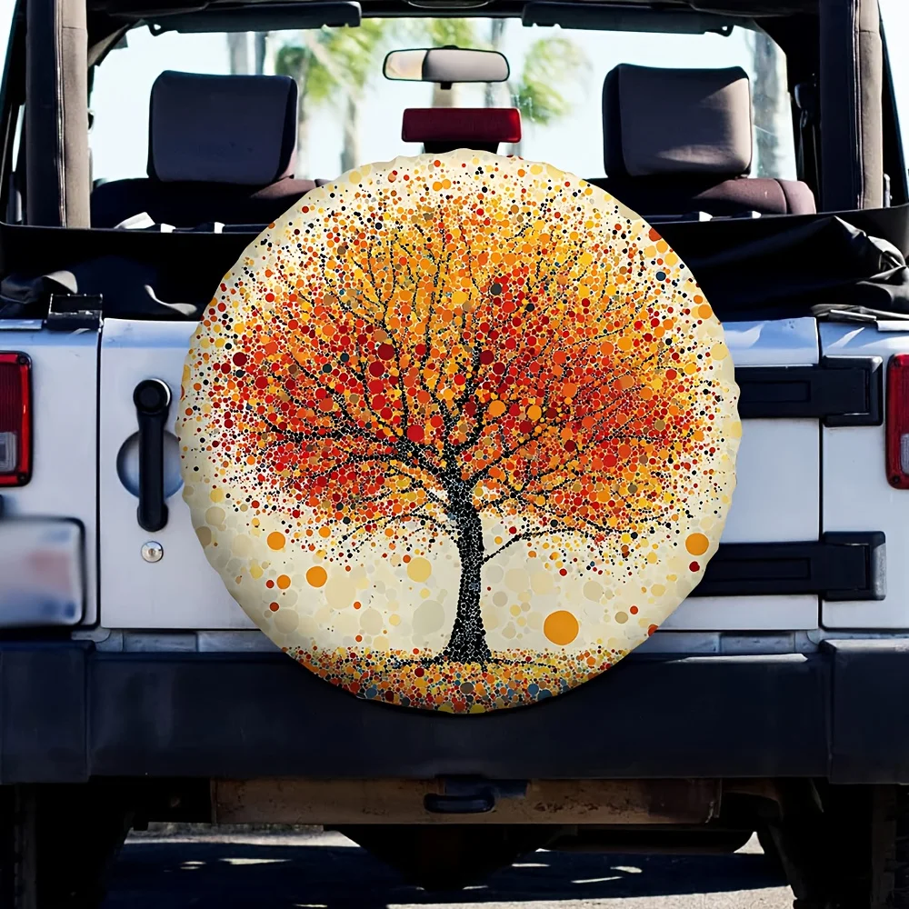 A Universal 2D Flat Printed Tire Cover With A Colorful Autumn Tree Pattern Made Of Polyester Fabric, No Electricity Required, Pe