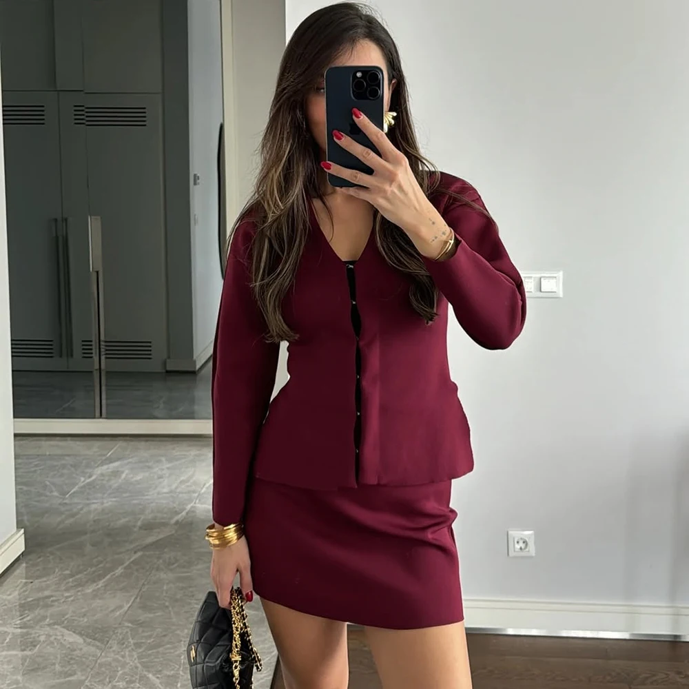 투울라로즈 브라운 드레스 세트 섹시한 브이넥 슬림 재킷 탑 솔리드 스커트 세트 가을 신상 출퇴근 스트리트웨어 여성 드레스 세트 의상