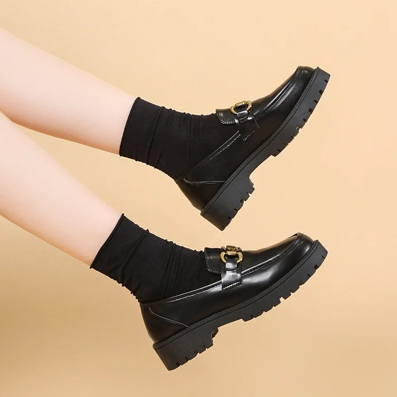 Women Loafers 2023 Spring Metal Button Black Platform Women's Shoes Fashion JK Lolita Soft Soled Student Office Leather Shoes