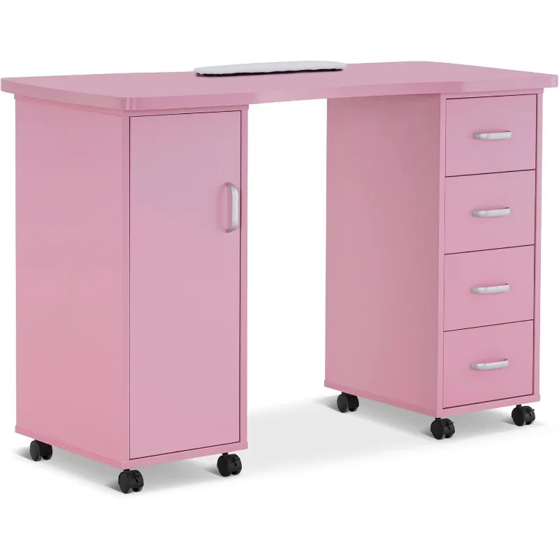 Manicure Table, Acetone Resistant Nail Desk, Nail Table with 4 Drawers, 2 Cabinet, Lockable Wheels, Wrist Pad