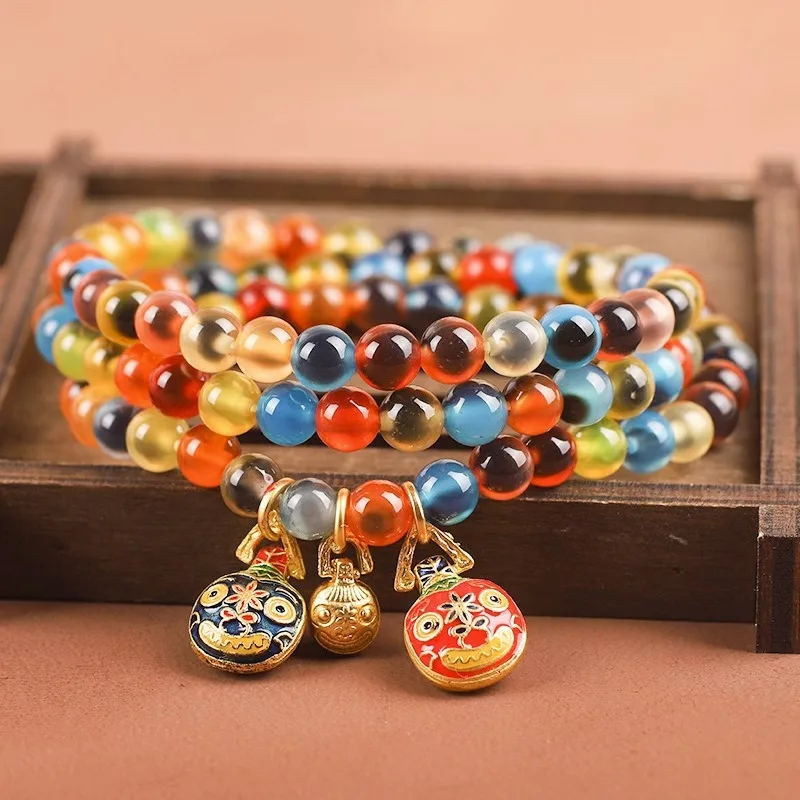 Fragrant Grey Glaze Bracelet Half Sugar Color Multi-Treasure Sugar Heart Agate Gold Swallowing Beast 3 Circles HandString Gifts