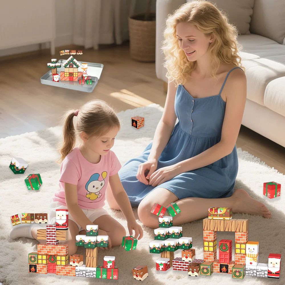 45 قطعة كتل مغناطيسية مجموعات صندوق حديد محمول طفل بناء اللعب مشهد عيد الميلاد بناء المغناطيس العالم نموذج الجذعية مكعبات الحسية الهدايا