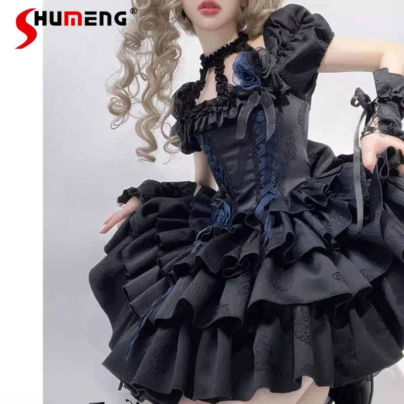 Original Gothic Black Lolita Short Dress Female Slim Fit Bubble Sleeves Neck Halloween Party Dress Women's Summer Dress 2025