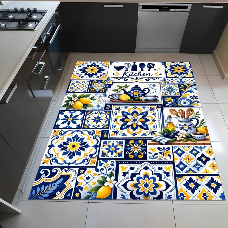 Mediterranean Mosaic Tile Kitchen Rug Lemon Tea Pot Floral Art Carpet For Dining Room Luxury Entrance Welcome Doormat Floor Mat
