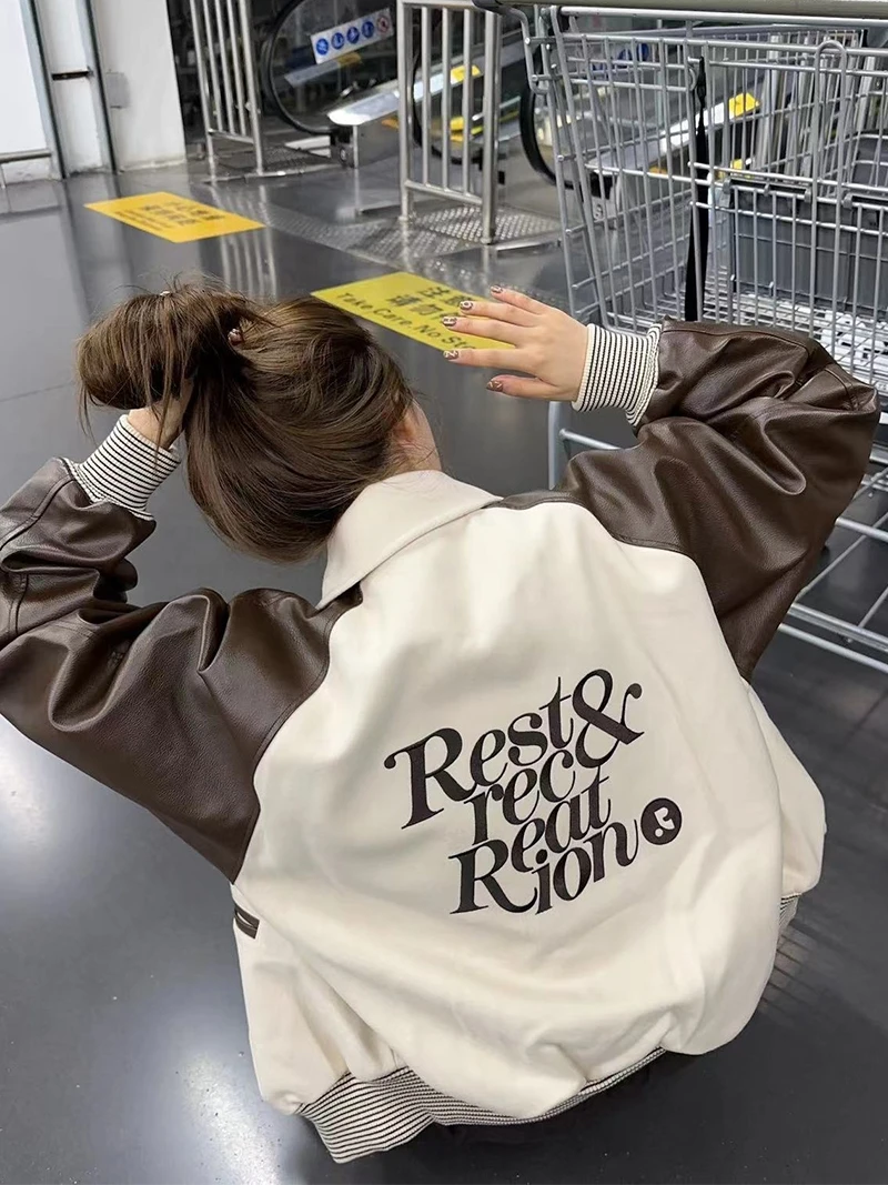 PEACHZHOU Veste en cuir colorée coupe ample style baseball rétro coréen pour femme, manteau coupe-vent à manches longues avec fermeture éclair