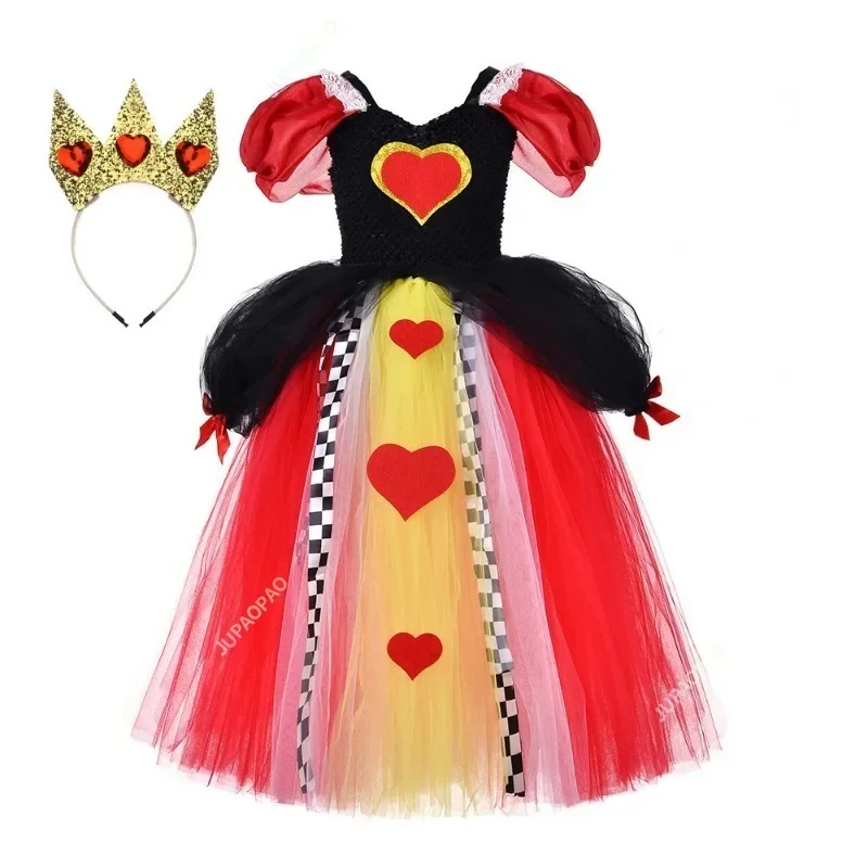 

Cute Girls Queen of Hearts Costume Kids Halloween Dress Up Fancy TUTU Dress with Crown Wonderland Red Queen Gown Clothes