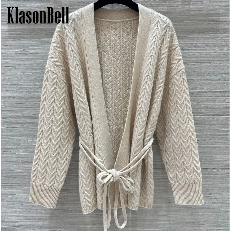 

8.22 KlasonBell 100% Cashmere Knit Twist Flower Jacquard Sashes Cardigan Double Lace-up Bandage Buttonless All-match Coat Women