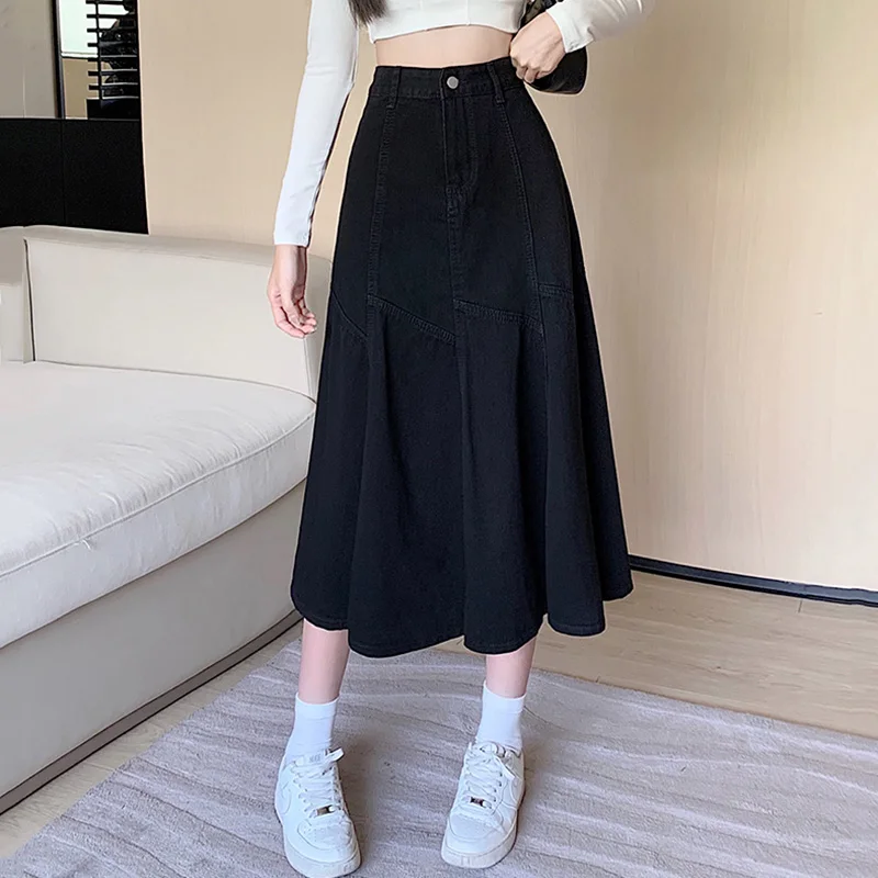 New Women Spring Summer Black Denim Skirt Fashion High Waist Patchwork A-Line Mid-Calf Skirt Vintage Casual Plus Size Skirt