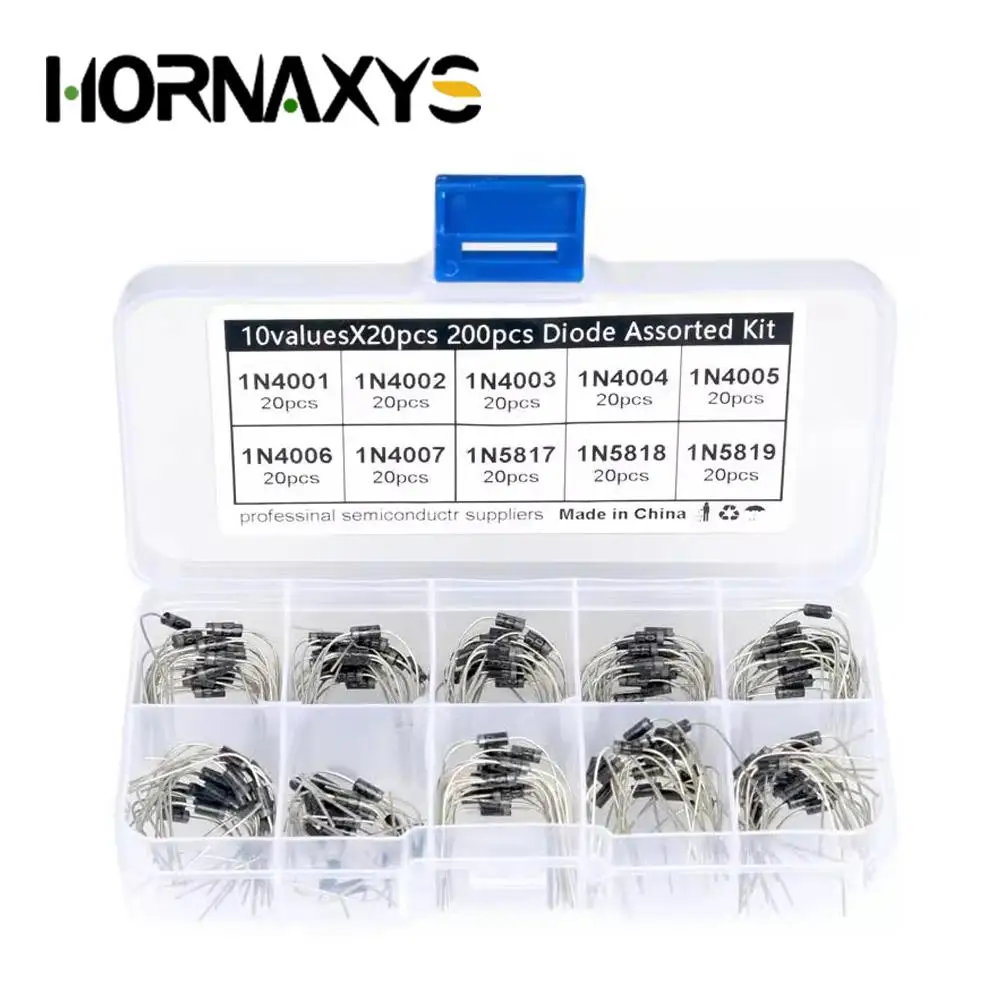 200Pcs 10 Values Rectifier Diode Assorted Kit 1N4001 1N4002 1N4003 1N4004 1N4005 1N4006 1N4007 1N5817 1N5818 1N5819 + Box