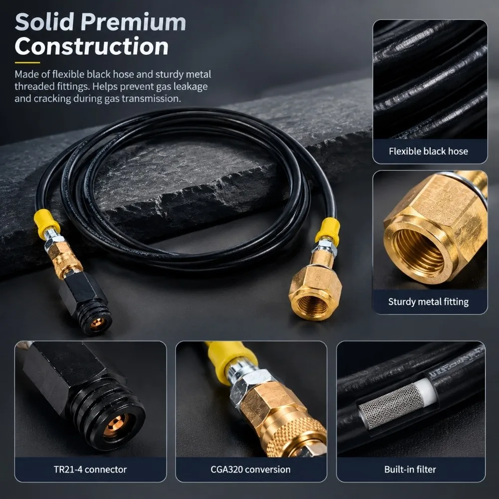 1.5m Length CO2 Tank Adapter G1/2-14 Thread CGA320 Connection CO2 Hose Kit Accessory Set Threaded Fitting for TR21-4 to CGA320