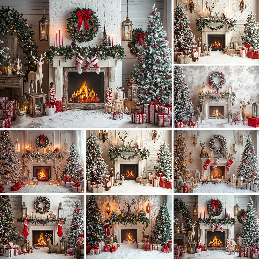 

Christmas White Brick Wall Fireplace Backdrop Snow Scene Christmas Tree Wreath Candle Socks Kids Holiday Party Decor Backgrounds