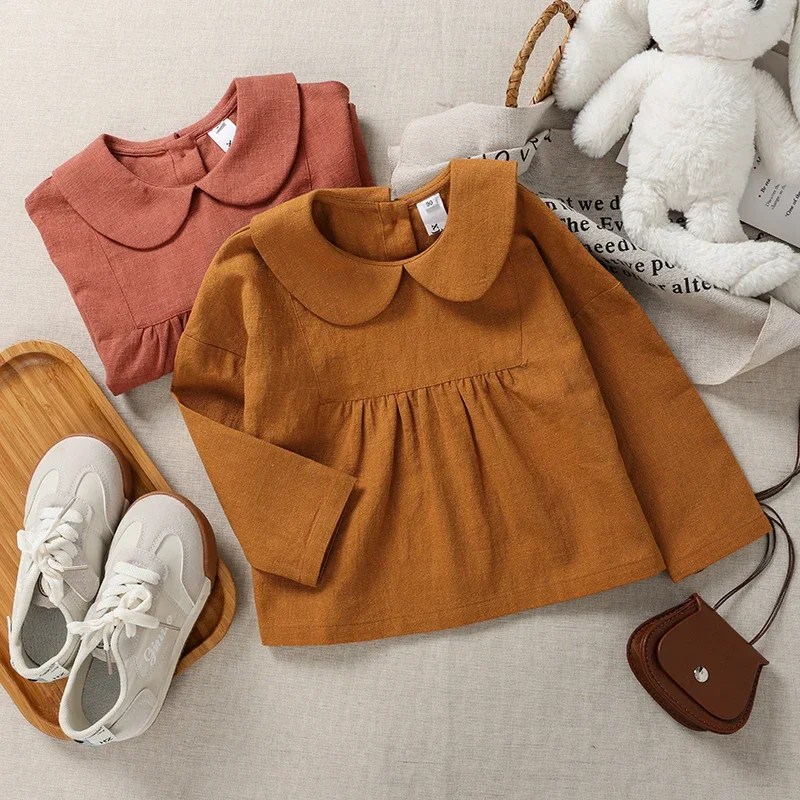 Chic Casual Linen Girls Autumn Shirt 2024 New Children\'s Cute Doll Collar Long-Sleeved Loose Retro Cotton And Linen Shirts