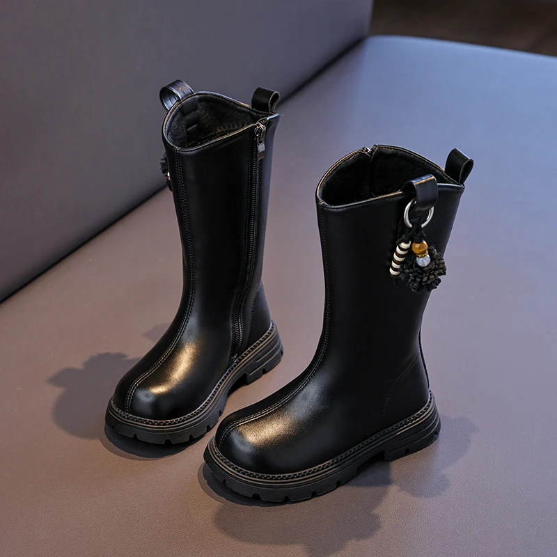 

2025 New Children's Platform Boots Classic Black Winter Boots for Girls Cute Hairball Warm Plush Kids Fashion Long Cotton Boots