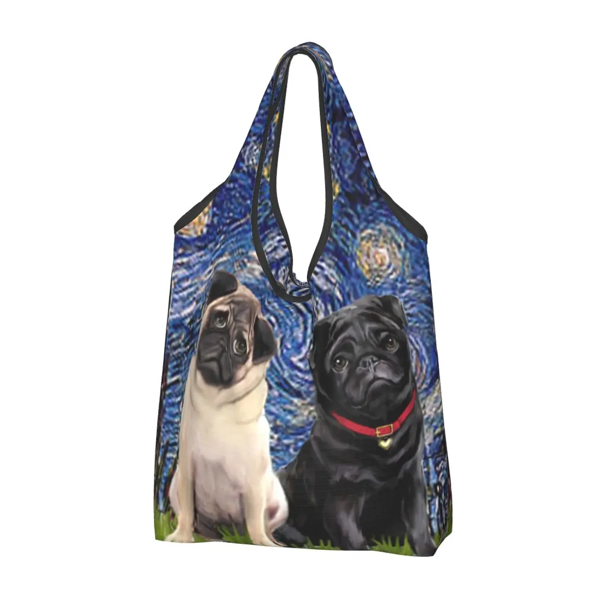 Pugs In Starry Night Groceries Shopping Bag Funny Shopper Tote Shoulder Bags Big Capacity Portable Oil Painting Dog Handbag