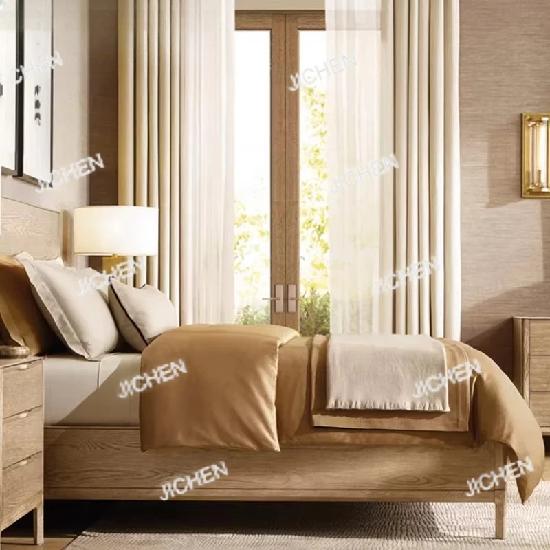 

Resort Room Solid Wood Bed Luxury Villa Furniture Hotel Bedroom Upholstered Bed Apartment Bedroom Solid Wood Bed Set