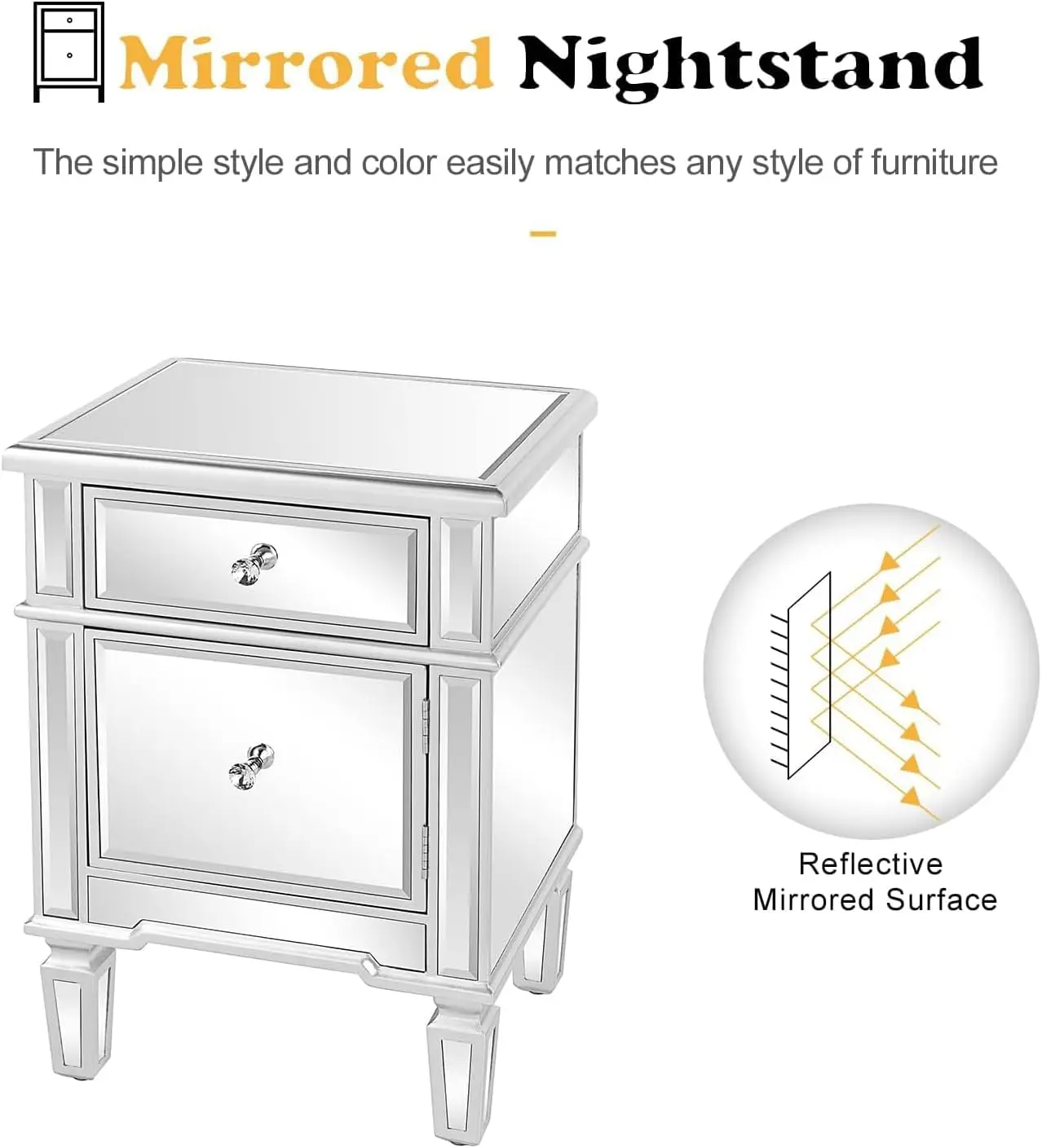 Nightstands Set of 2 Mirrored Side Tables Glass End Table with Drawer for Bedroom, Silver