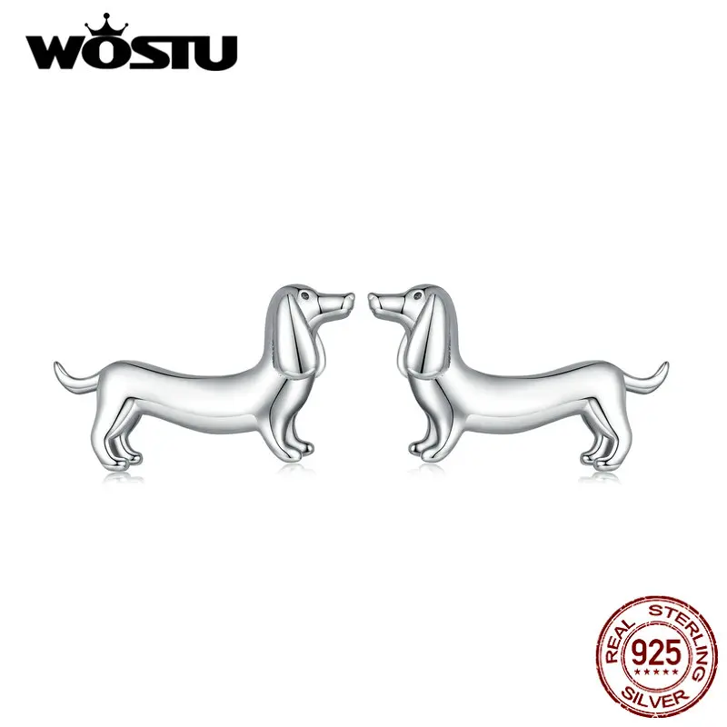 WOSTU 925 Sterling Silver Cute Dachshund Dog Stud Earrings for Women Original Animal Studs Earring Delicate Girl Jewelry Gift