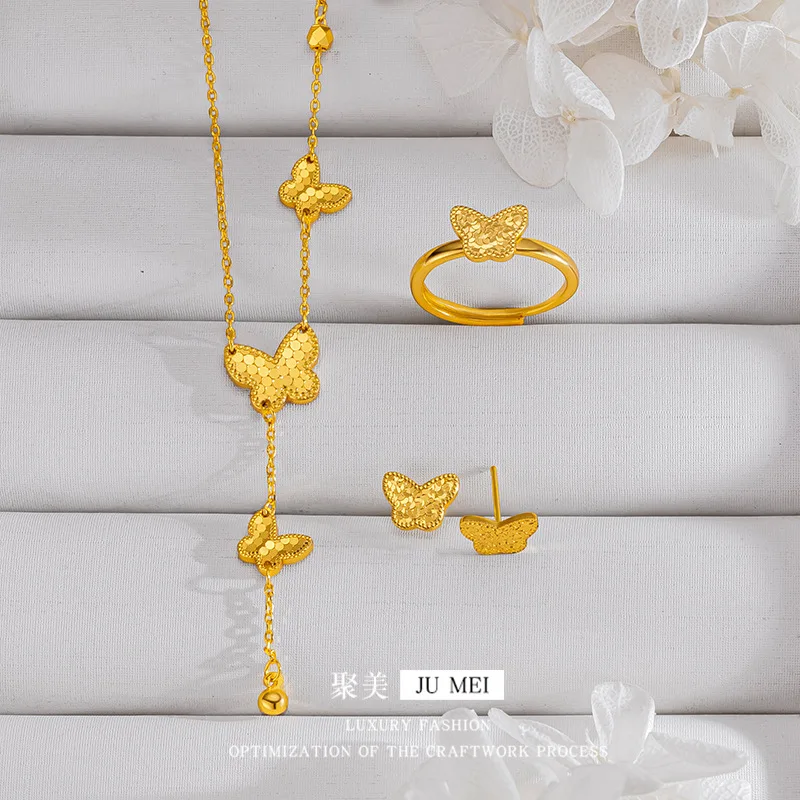 

Luxury 24K 9999 Pure Gold real gold Three Butterfly Chain Women's Necklace Earrings Ring