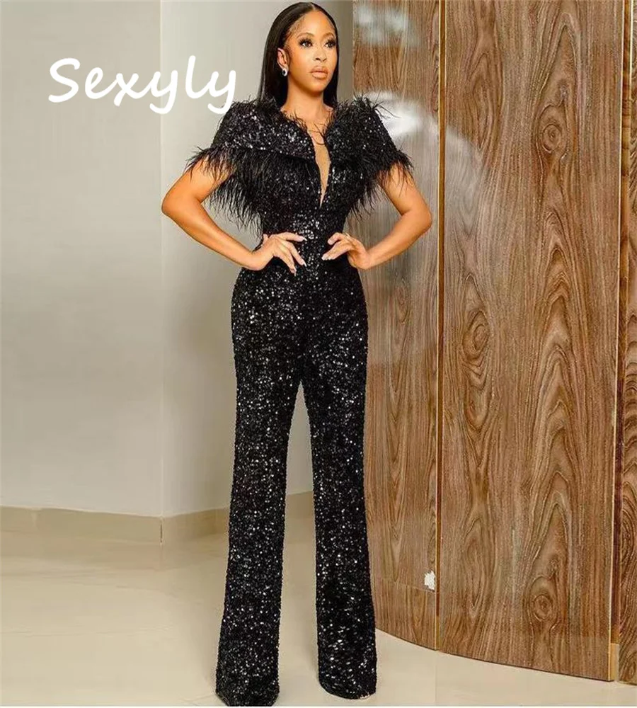 Sparkle Sequin Jumpsuit Evening Dress 2023 Elegant Black Girls Feather Prom Dresses Plus Size Night Occasion Formal Party Outfit