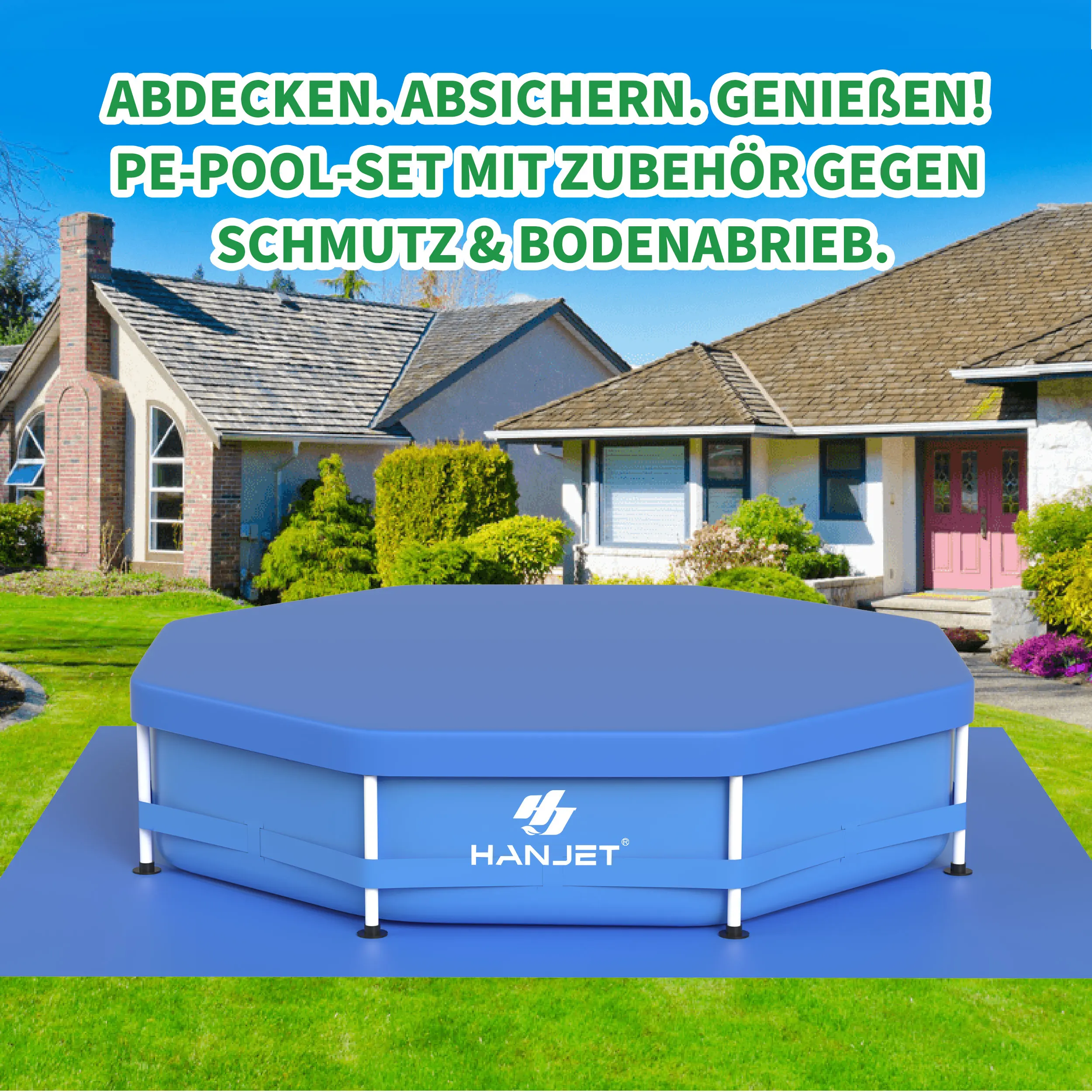 Basen stalowy Hanjet, basen z ramą stalową, basen PE, basen ogrodowy, basen letni, basen ze stalową ramą, okrągły, niebieski