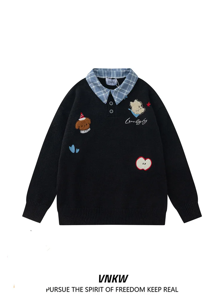 

Вязаный свитер в клетку с вышивкой американской собаки в стиле ретро, свободный воротник, искусственный двухсекционный свитер для пар, мужская и женская повседневная одежда