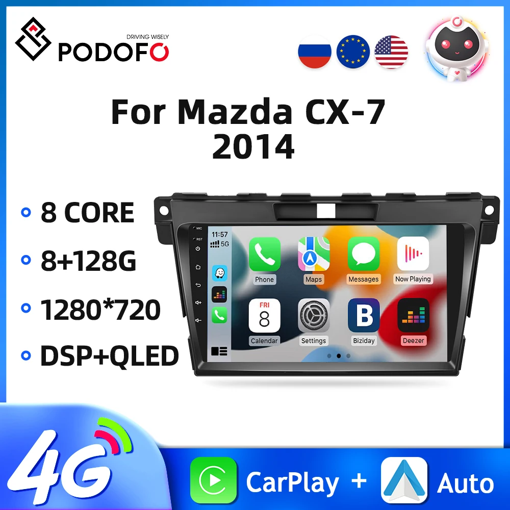 Podofo 2Din Car Radio For Mazda CX-7 2014 Android Auto Stereo Radio GPS Navigation AI Voice WIFI 8Core DSP Wireless Carplay 2din