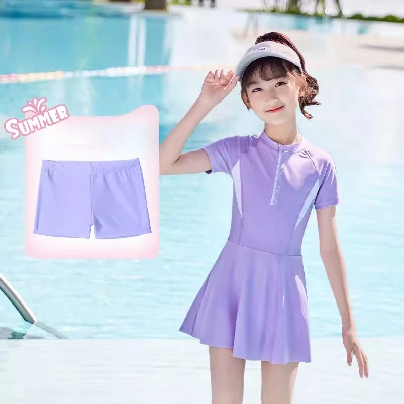 Girl One Piece Short Sleeve WaterProof Nylon Beach Swim Skirts Children Front Zipper Surfing Quick-Drying Bathing SwimSuit