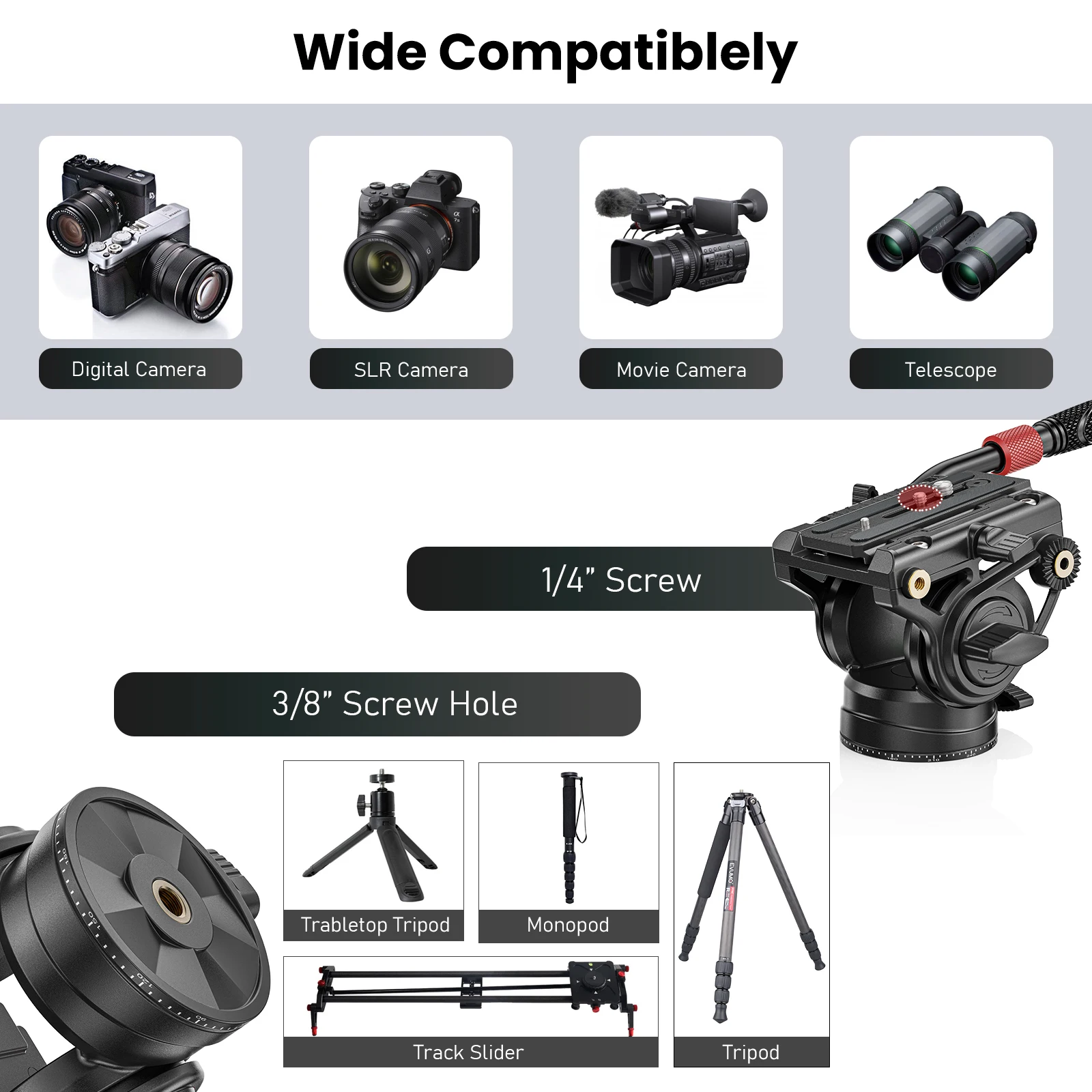 Fluid Head 72mm Hydraulic Pan Tilt Base Heavy Duty Tripod Video Head Mount Q.R Plate, EVUMO V8 for DSLR, Video Camera Camcorder