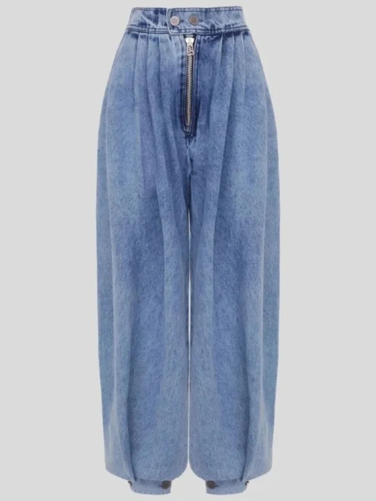 HOUZHOU Blue Vintage Zipper Women's Jeans Washed High Waist Solid Color Casual Loose Balloon Pants Basic Harem Denim Pants New