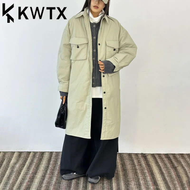 KWTX Women’s Vintage Elegant Lapel Collar Thickened Cotton Coat Winter Warm Solid Color Mid-Length Casual Outerwear 2025 New