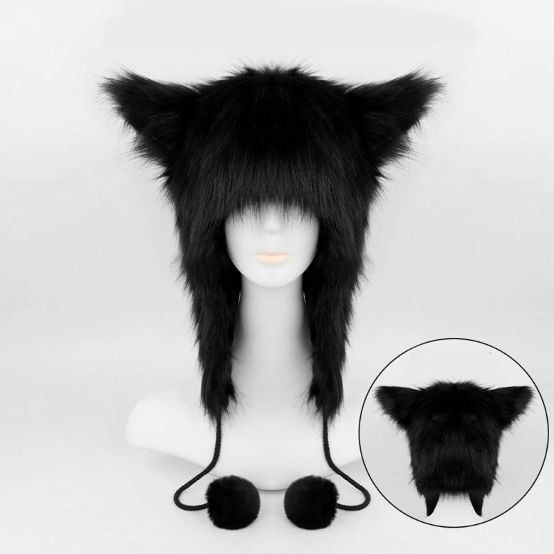 Plush Cats Ear Hat for Adult Unisex Headwear Warm Costume Accessory Hat for Halloween Parties Outdoor Skiing Hiking Hat