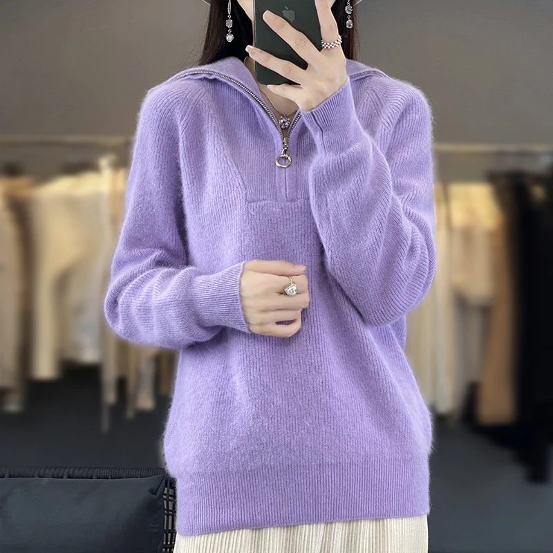 100% Mink Cashmere Sweater Women Stand Collar Half Open Zipper Knit Pullover 2023 new Autumn and Winter Lazy Loose Big Size Tops