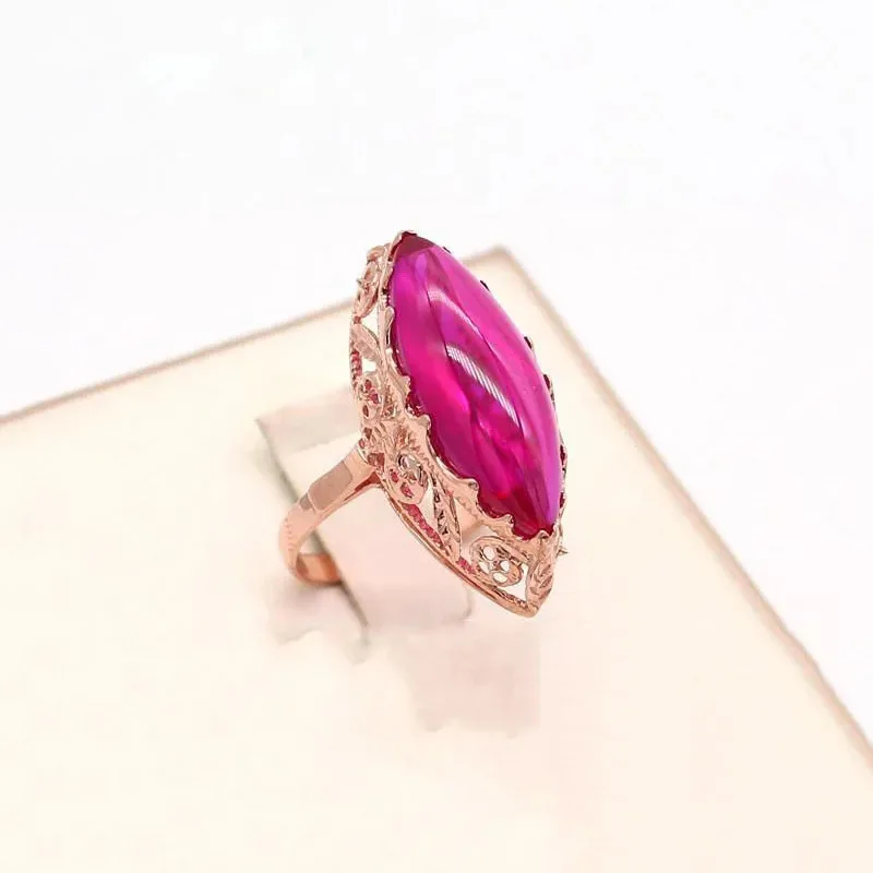 585 purple gold 14K rose gold inlaid ruby Olive type rings for women three-dimensional hollow design luxury charm jewelry