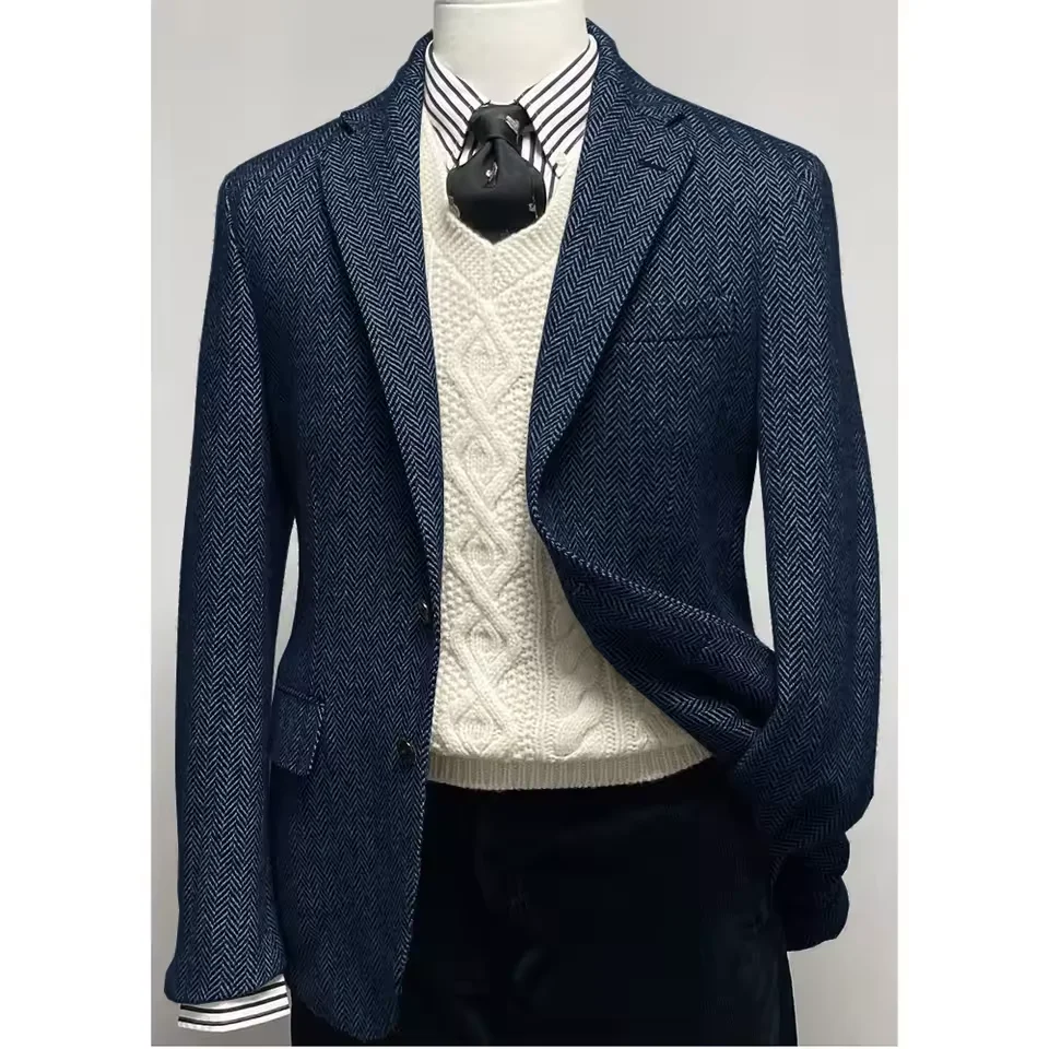Veste de costume à chevrons pour hommes, simple boutonnage, mode décontractée, coupe cintrée, confortable et élégante, tenue d'affaires, manteau de tenue formelle