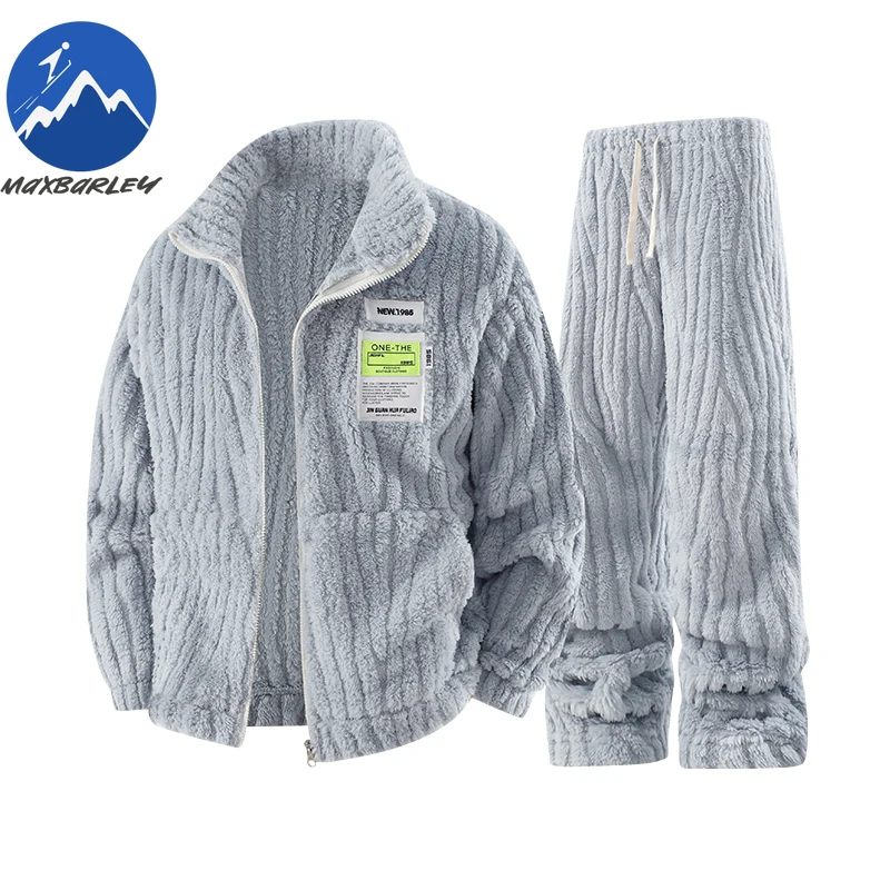 

Maxbarley Winter Sherpa Fleece Zip Up Hoodie Set Heavy Weight Thick Loungewear Pajamas Men Teen Unisex Oversized Plaid Home Wear