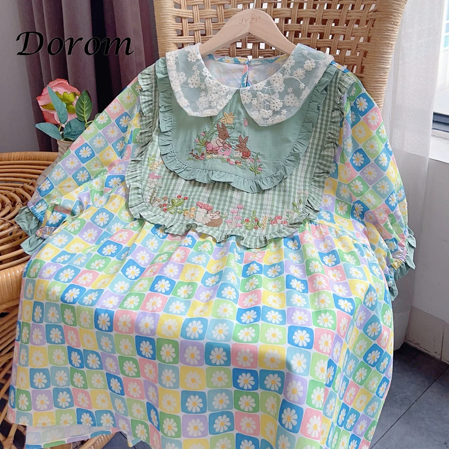 Kawaii kwiatek koszula w stylu Vintage damska letnia styl Mori Girl kołnierzyk dla lalek luźna patchworkowa bluzki z krótkim rękawem bawełniana bluza