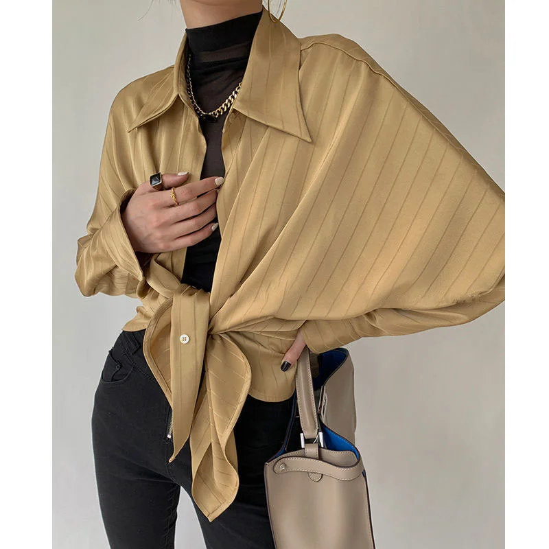 Fashion Striped Satin Silk Shirt Vintage Lapel Up Blouse Women Lady Long Sleeves Female Loose Solid Street Shirts