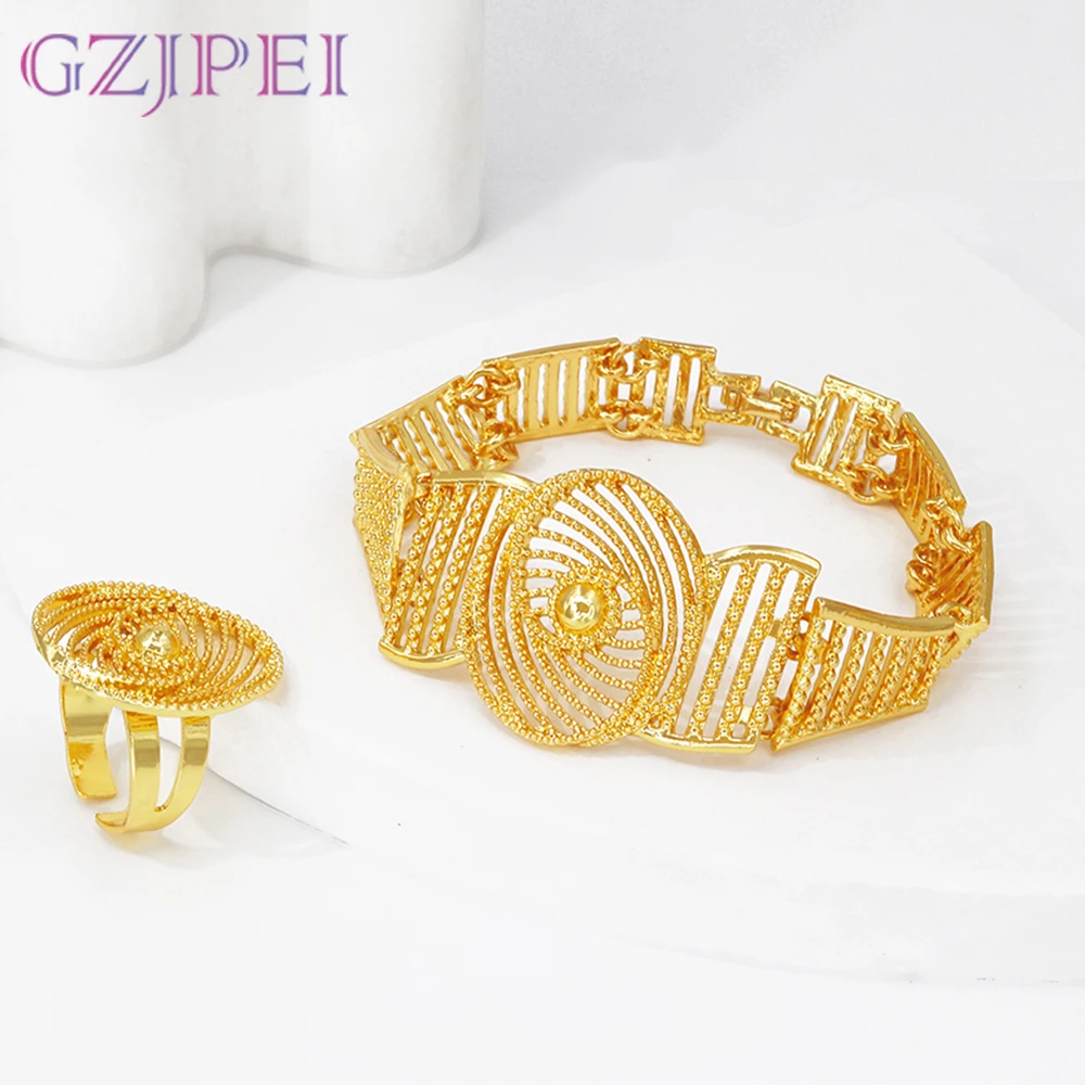 

GZJPEI Nigeria Big Jewelry Set Statement Exaggeration Wide Bracelet Gold Plate Geometry Ring Bridal Wedding Gifts
