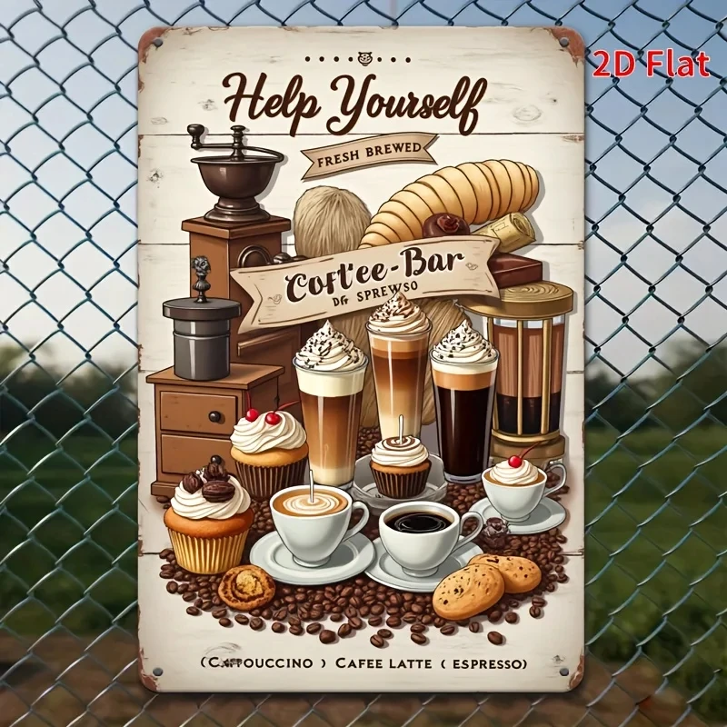Vintage Coffee Bar Self-Service Metal Wall Sign - Retro Fresh Coffee Kitchen Cafe Wall Decor